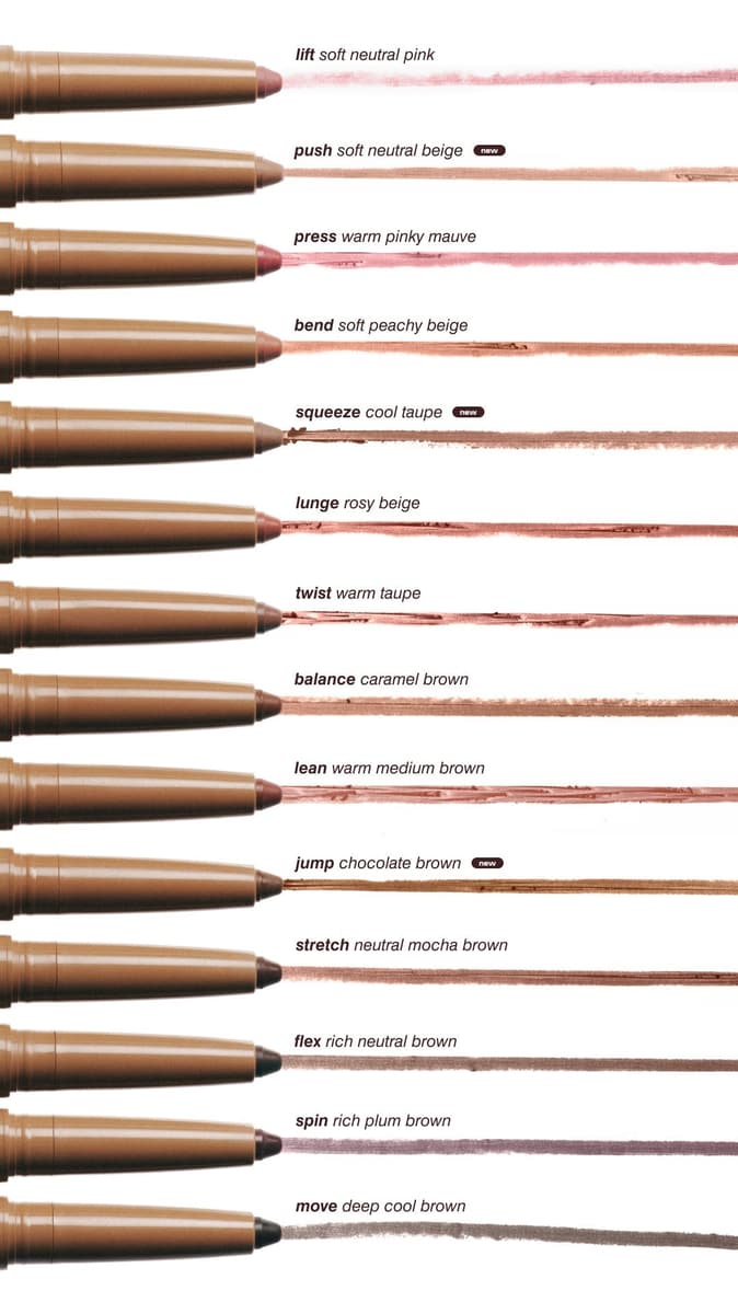 lift soft neutral pink, push soft neutral beige, press warm pinky mauve, bend soft peachy beige, squeeze cool taupe, lunge rosy beige, twist warm taupe, balance caramel brown, lean warm medium brown, jump chocolate brown, stretch neutral mocha brown, flex rich neutral brown, spin rich plum brown, move deep cool brown